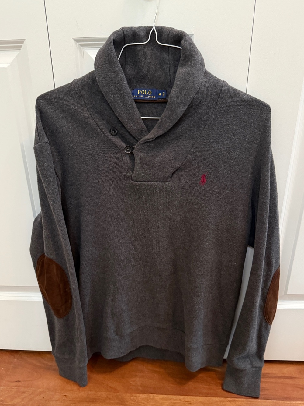 Ralph Lauren Charcoal Shawl Collar Turtleneck Sweater with Brown Elbow Patches